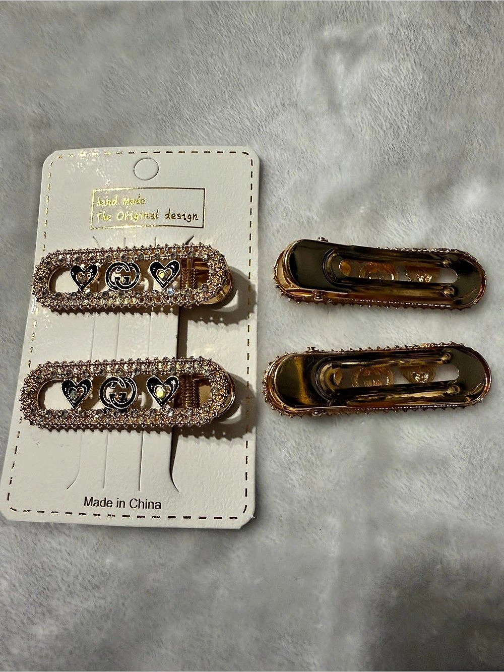 4 Rhinestone Heart Hair Clips in Gold & Black Tone